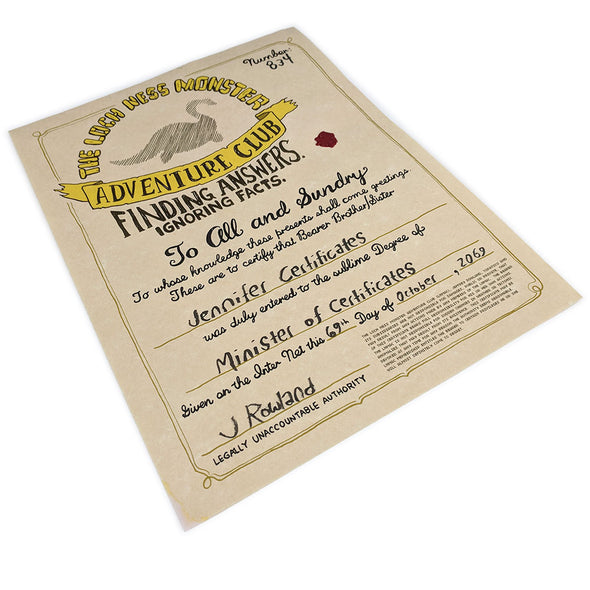 The Loch Ness Monster Adventure Club Certificate Certificates Jeffrey Rowland